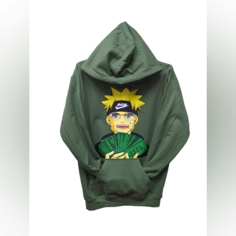 Naruto Anime Cash Design on Unisex Adult Army Green Hoodie Available in Various